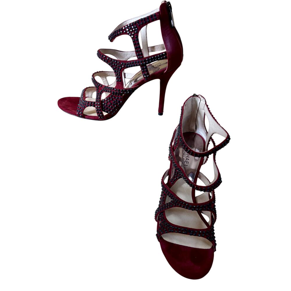 Michael Kors Maroon Shoe Black Rhinestone Studs Strappy Sandal Back Zipper $185 - Picture 6 of 6